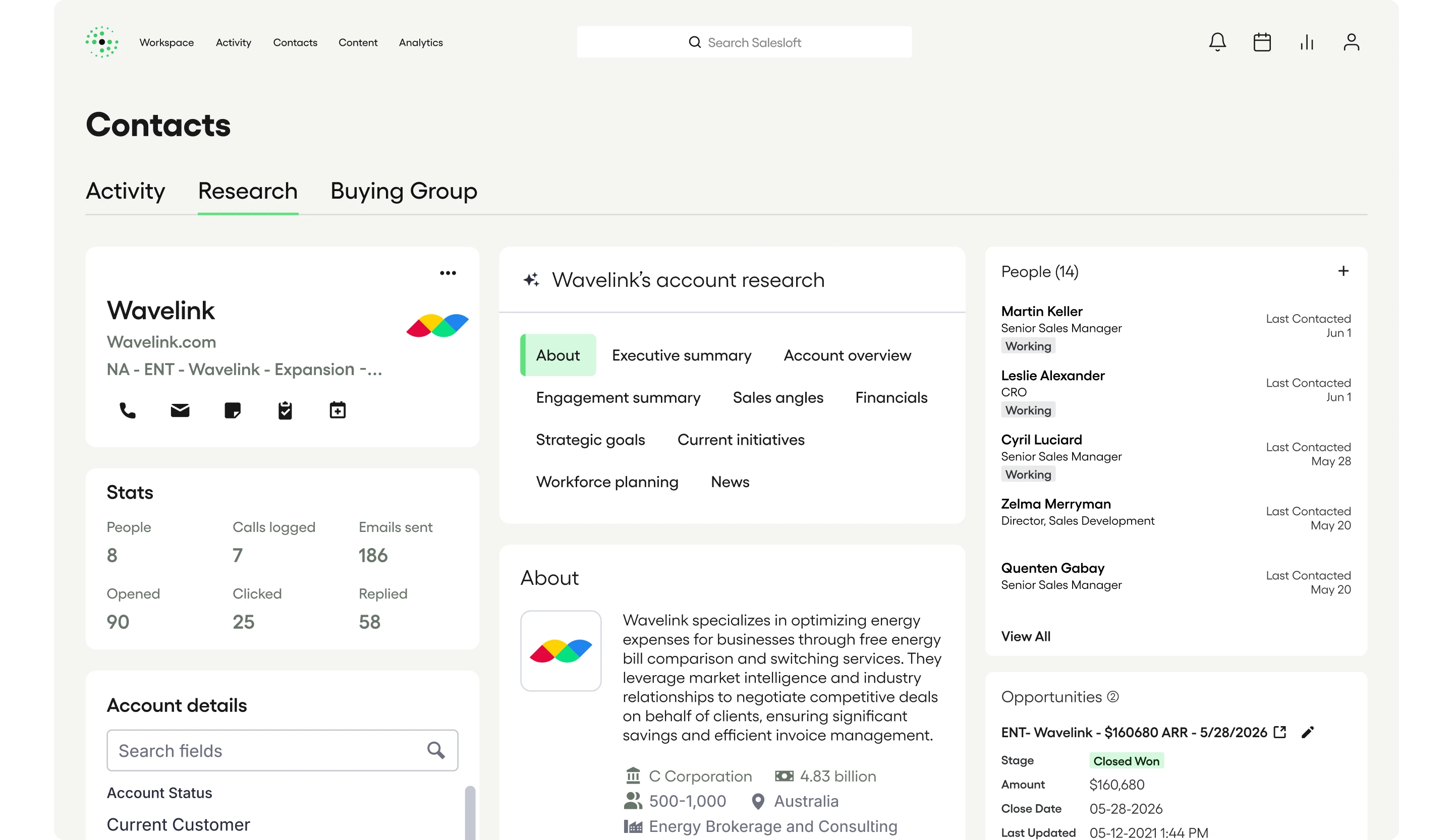 Salesloft’s official Contacts product visual, showing AI account research and connected opportunity context.