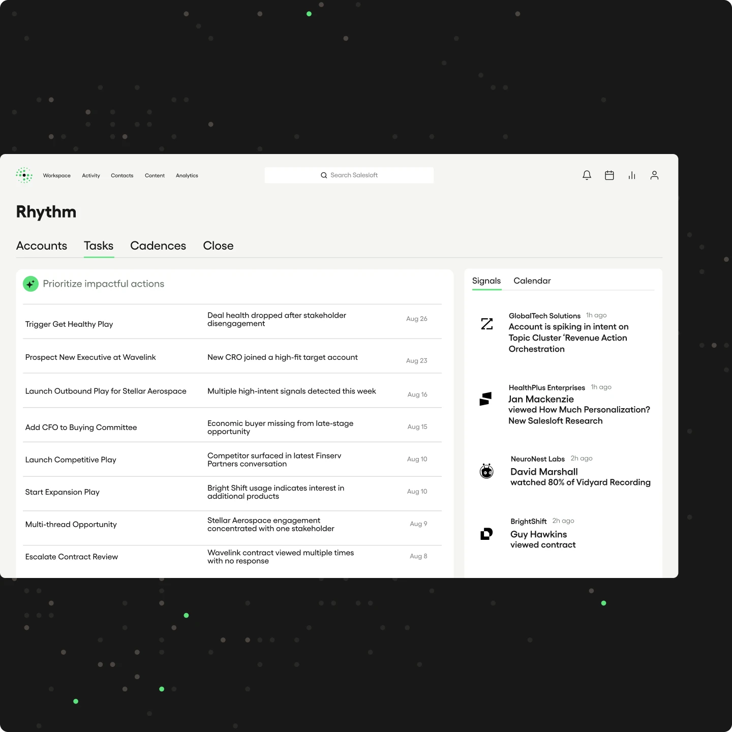 Salesloft pipeline inspection software Inspect view with a Deal Insights panel for GlobalTech Solutions, surfacing AI-generated notes on recent evaluation conversations, beta program discussions, and storage upgrade risks to improve pipeline visibility and deal coverage.
