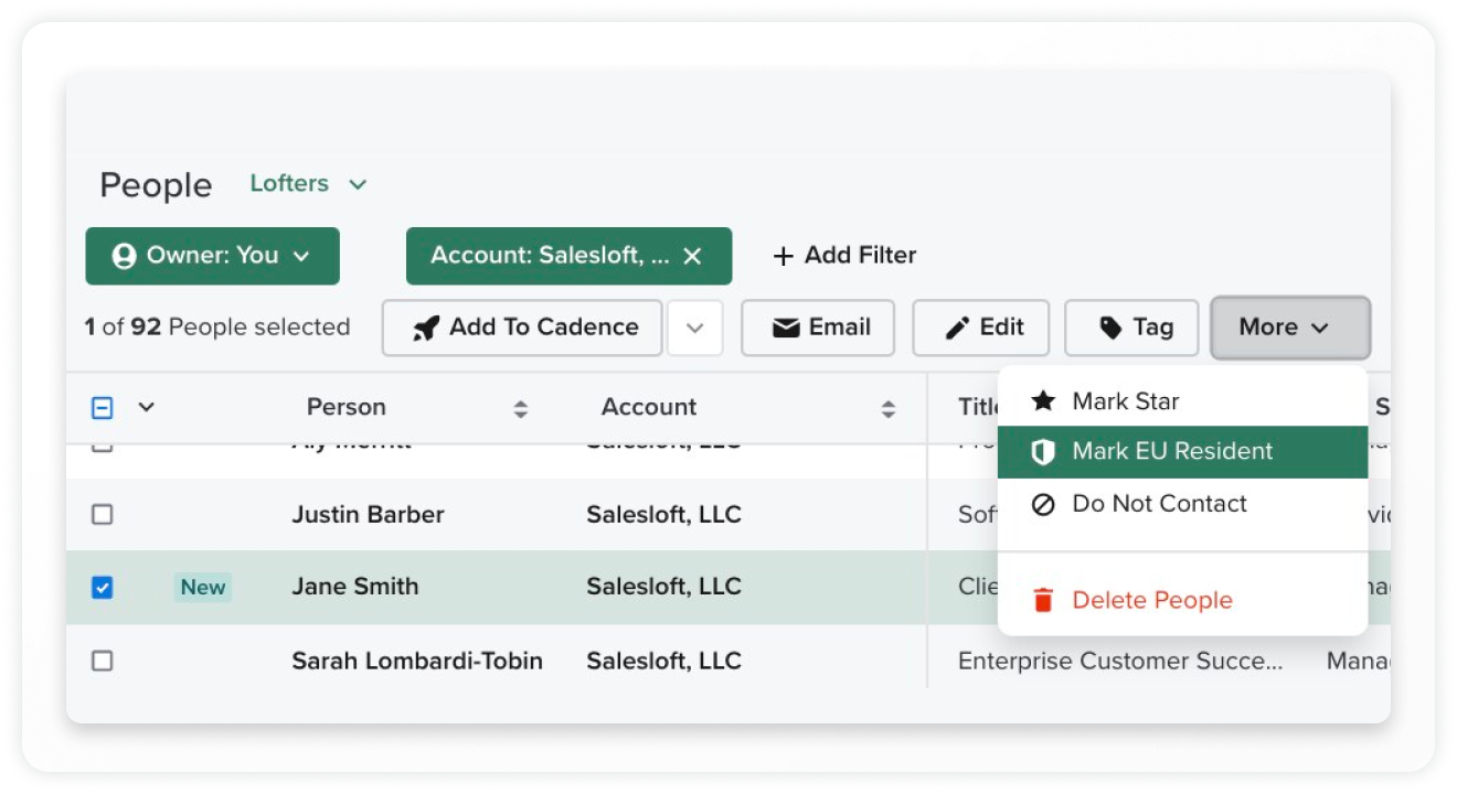 Screenshot of a table with different Account owners in Salesloft